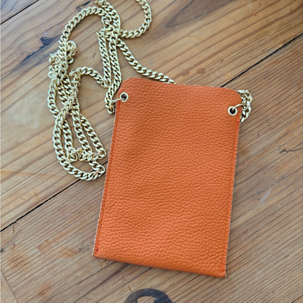 Orange Leather Crossbody Phone Bag with Gold Chain - Picture 3 of 4